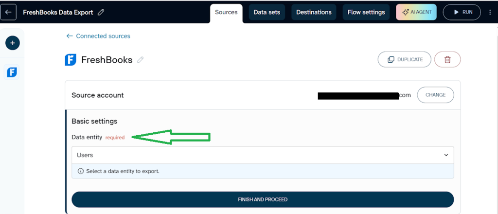 FreshBooks data entity selection field Cupler.io GUI