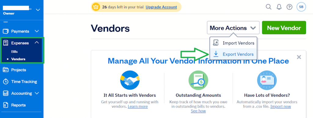 FreshBooks Vendors page showing export vendors option