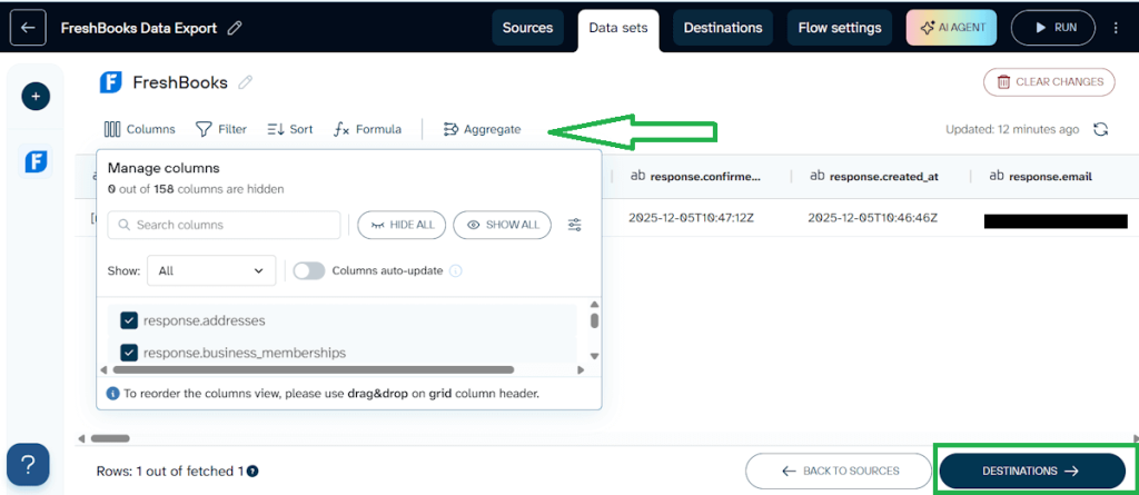 FreshBooks data columns and filters panel in Coupler.io