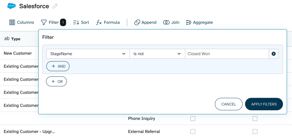 Filtering deals extracted from Salesforce with Coupler.io