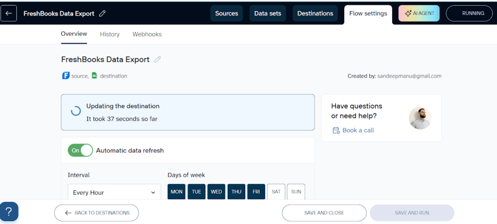 FreshBooks export schedule screen showing automatic data refresh