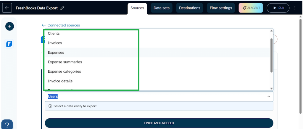Coupler.io showing FreshBooks data entity list