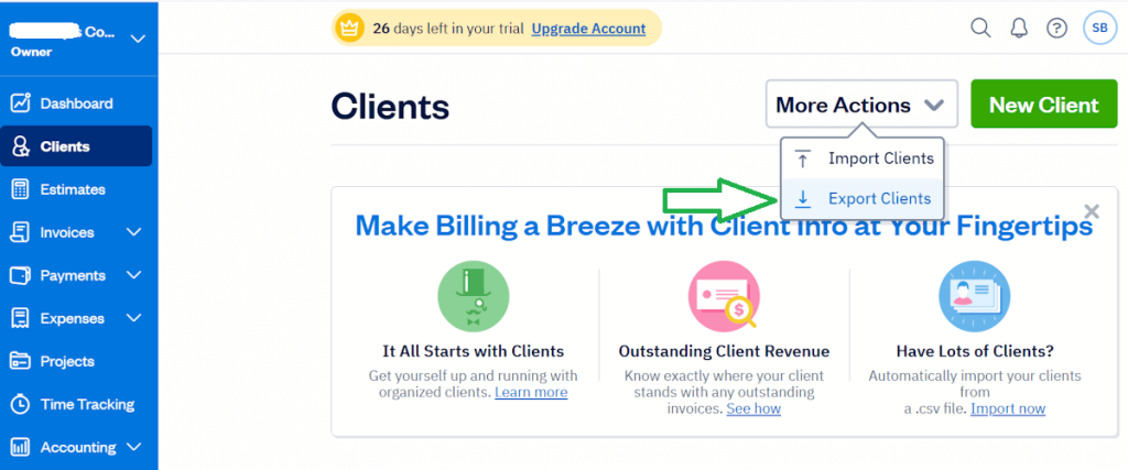 FreshBooks Clients page showing export clients option