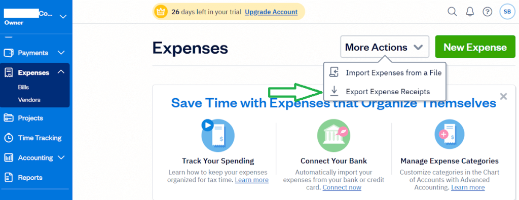 FreshBooks Expenses page showing export receipts option