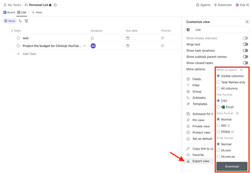 manual export from a view