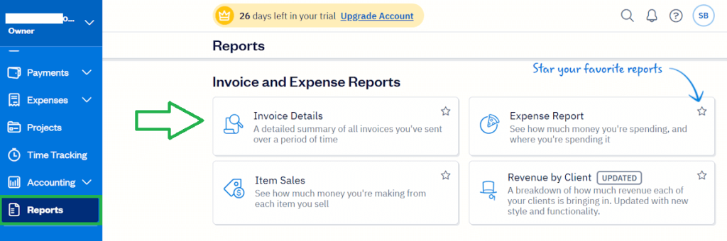 FreshBooks Reports page showing Invoice Details