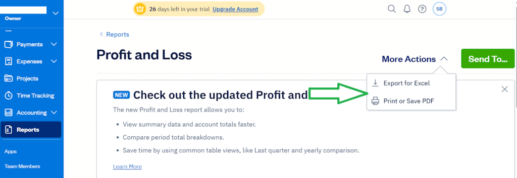 FreshBooks Profit and Loss report export options displayed