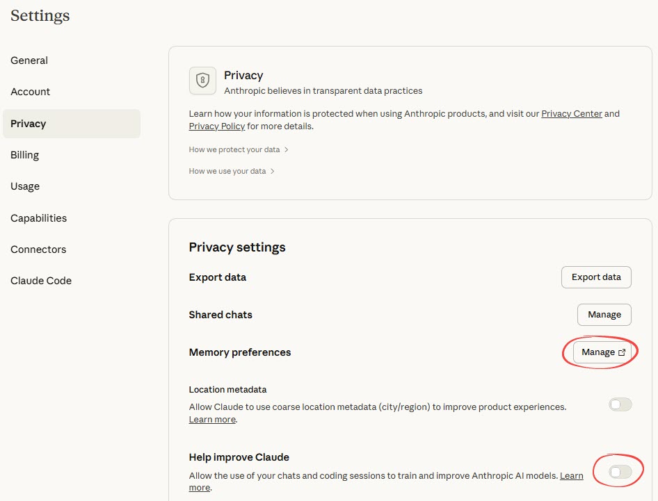 Figure 4.2.1. Claude Privacy settings