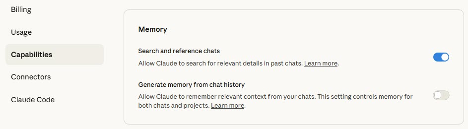 Figure 4.2.2. Claude Capabilities settings