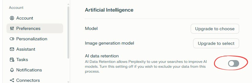 Perplexity Privacy settings