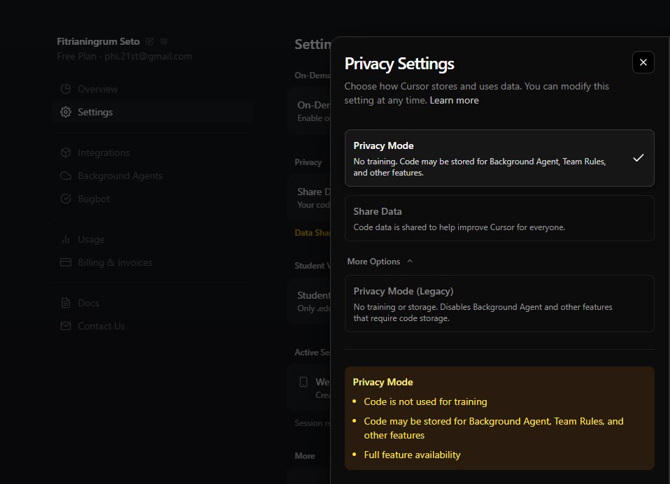 Cursor Privacy settings