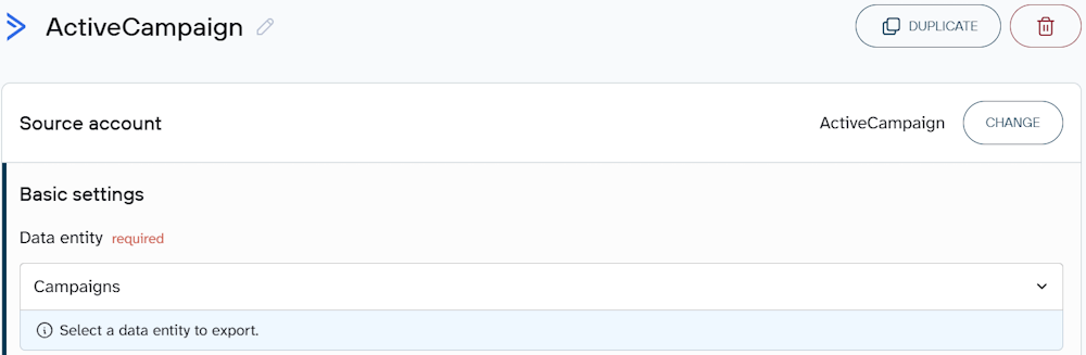 ActiveCampaign export settings screen in the coupler.io dashboard