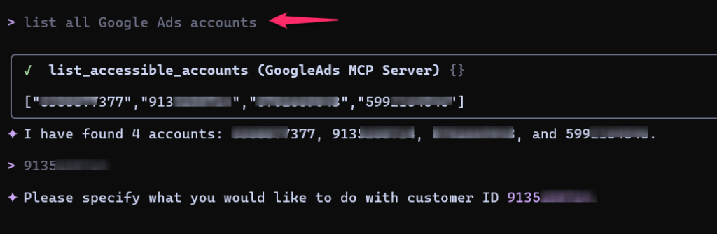 gemini mcp listing google ads accounts