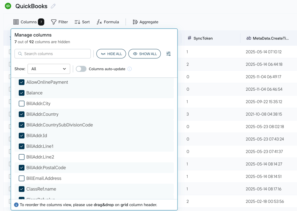 QB sorting filtering column management