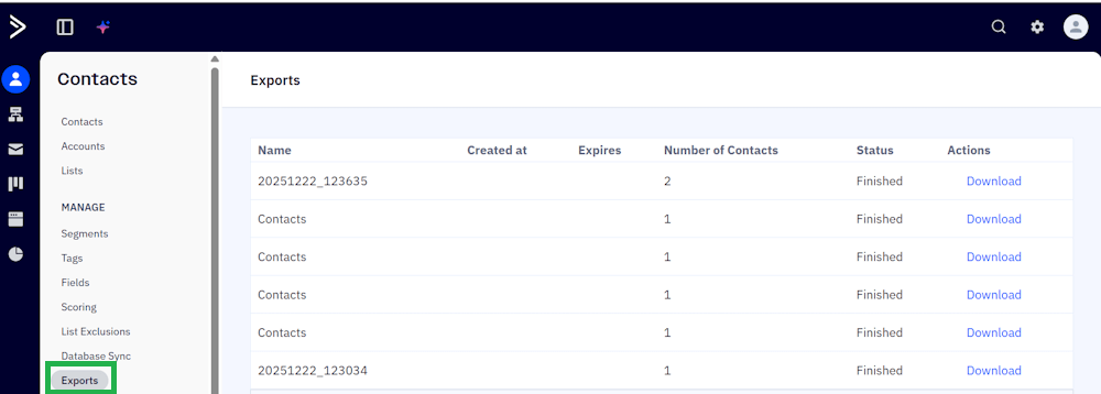 ActiveCampaign contact exports download page