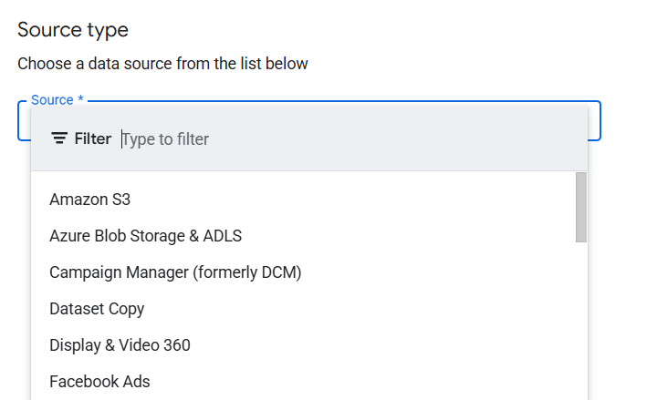 BigQuery data transfer source type