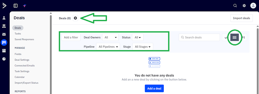ActiveCampaign deals export button location screend
