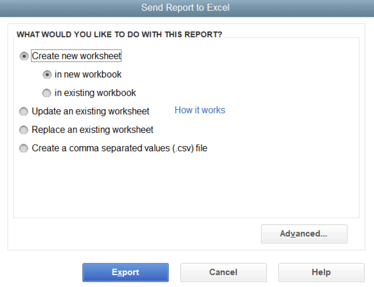 QB Excel export options in spreadsheets