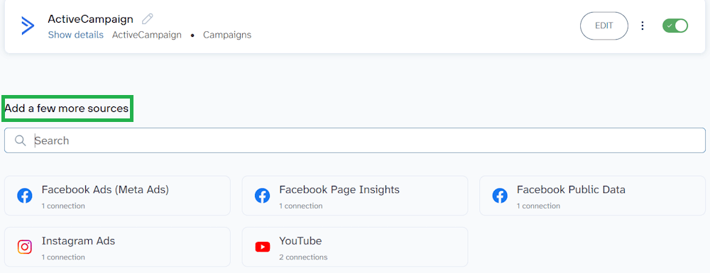 ActiveCampaign data flow in coupler.io showing an option to add more sources