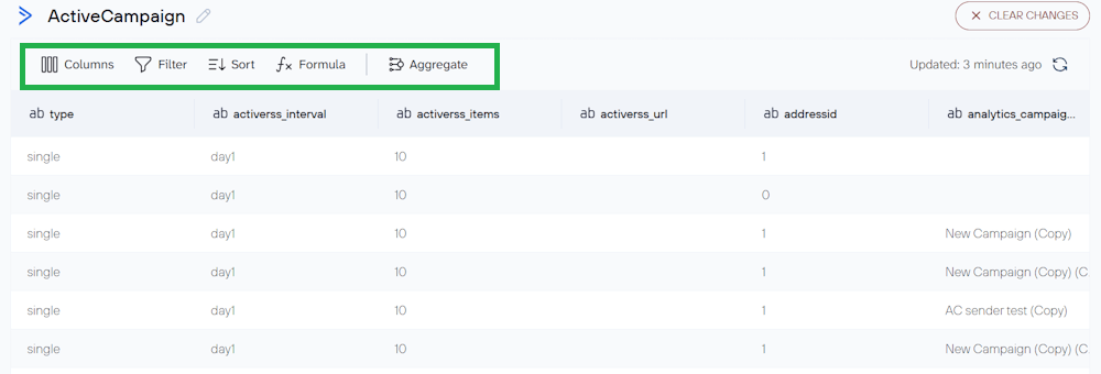 ActiveCampaign dataset preview table in Coupler.io