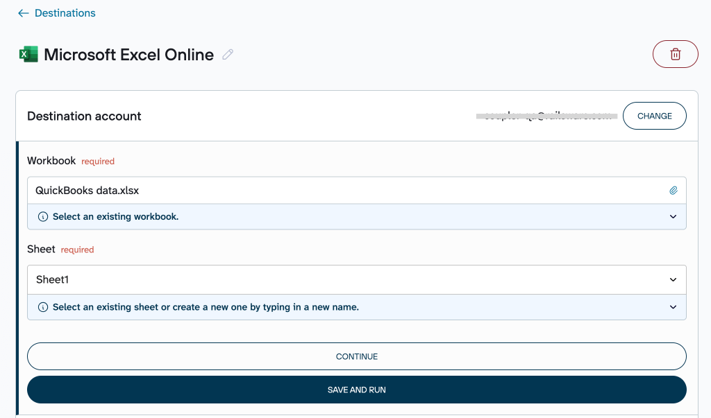 Excel online destination