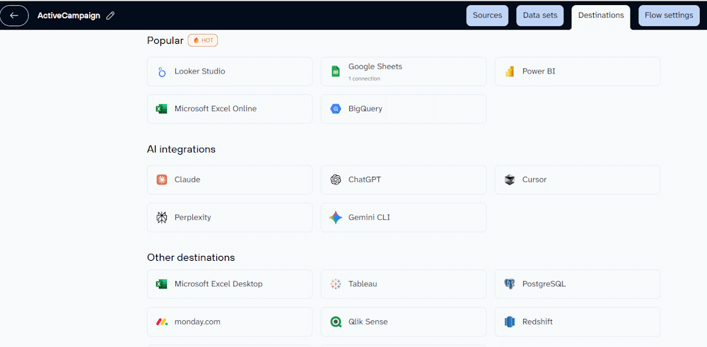 Coupler.io ActiveCampaign export destinations dashboard