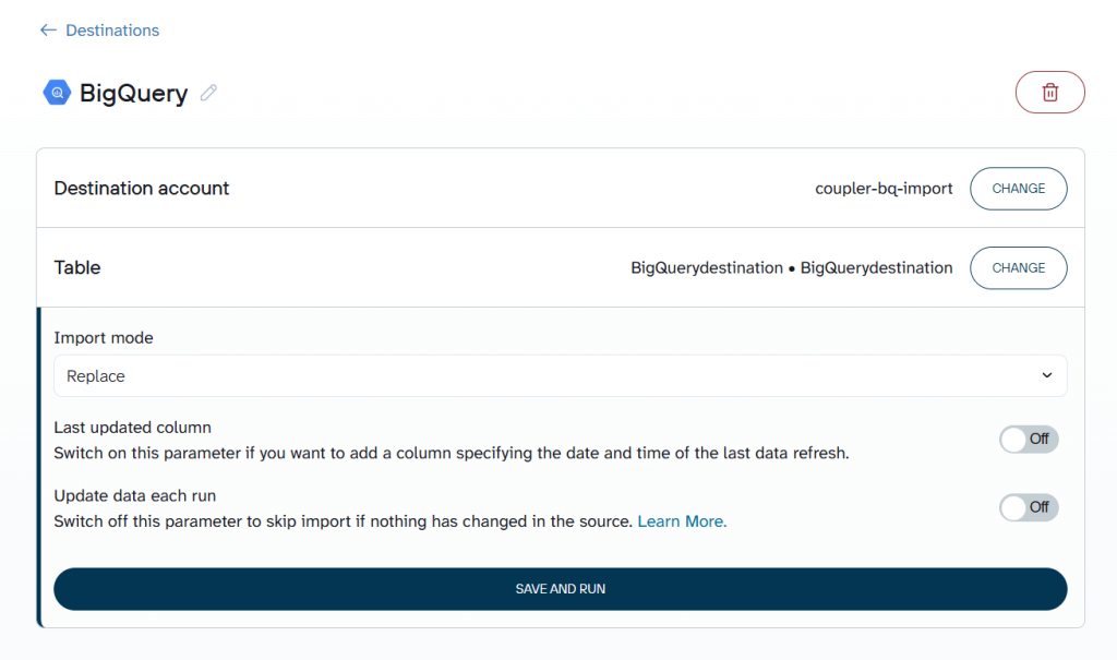 Coupler io destination import settings