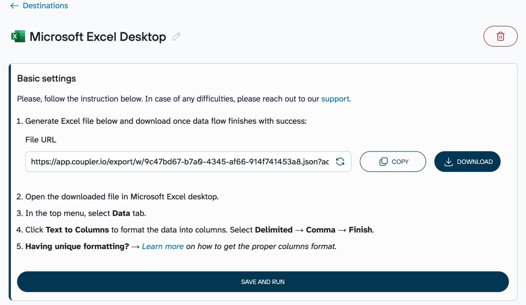 Excel desktop destination