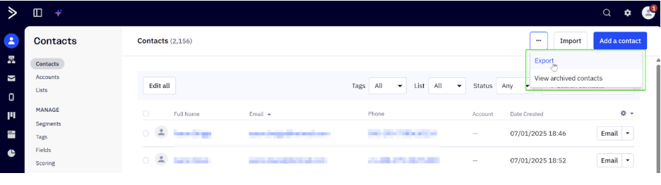 ActiveCampaign contacts export menu