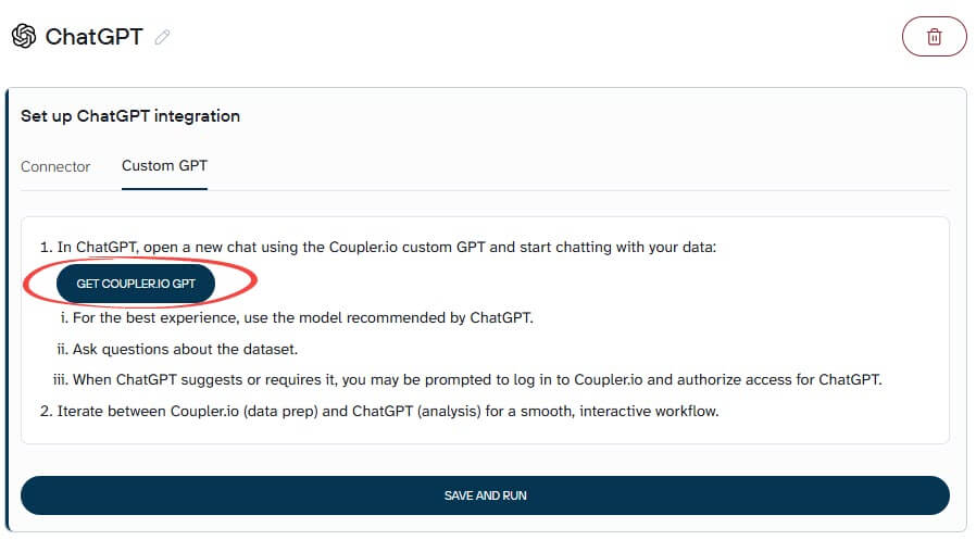 Clicking the Get Coupler.io GPT button