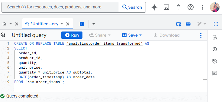 BigQuery SQL transformation example