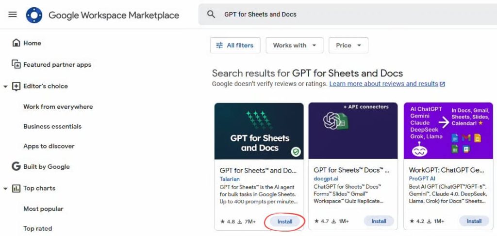 GPT for Sheets add on in the Marketplace