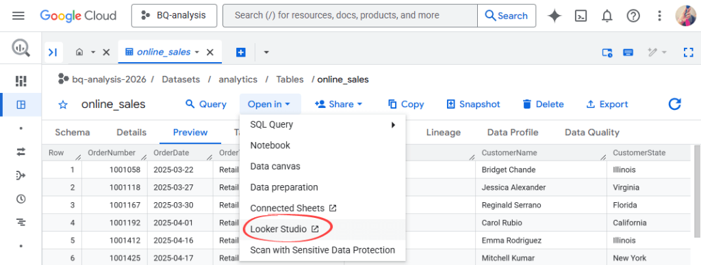 Opening BigQuery data in Looker Studio