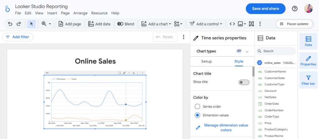 Exploring with a chart in Looker Studio
