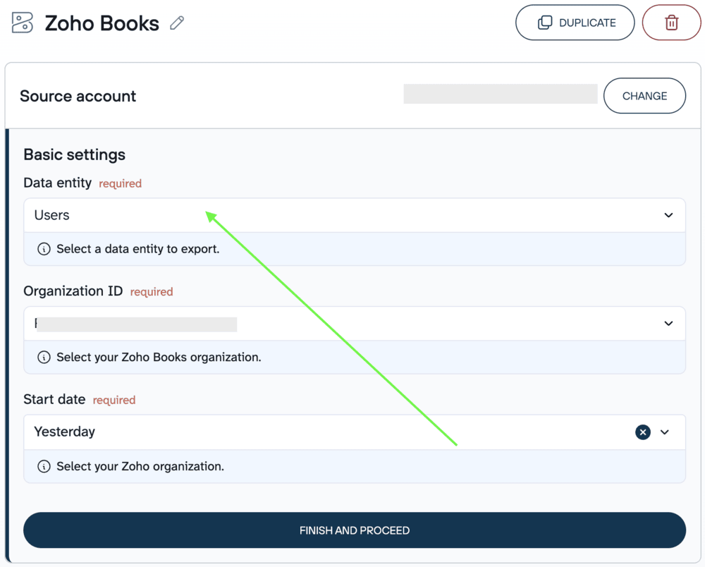 Zoho Books source settings configuration page in coupler.io