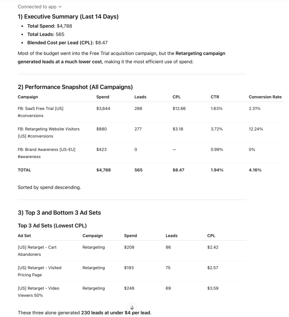 executive summary report chatgpt analysis facebook ads