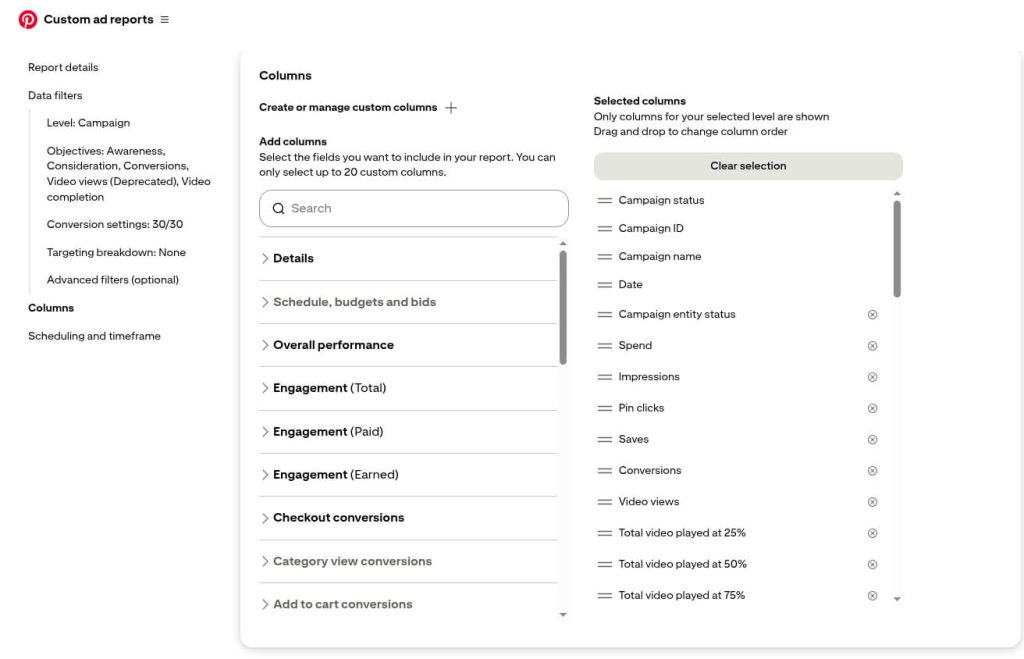 Custom ad reports Pinterest
