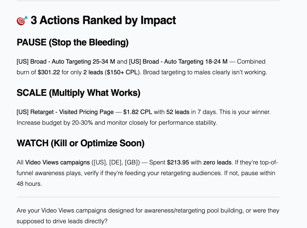 coupler ai agent facebook ads analysis action plan