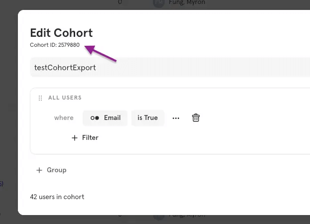 Exporting specific Mixpanel cohorts via API