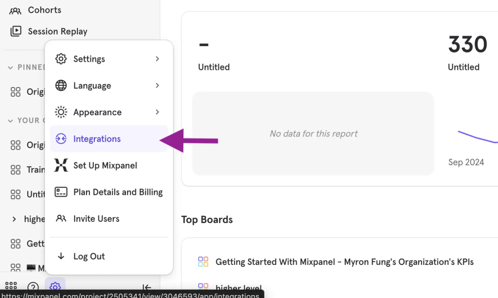 Clicking the settings button and selecting integrations from the Mixpanel UI