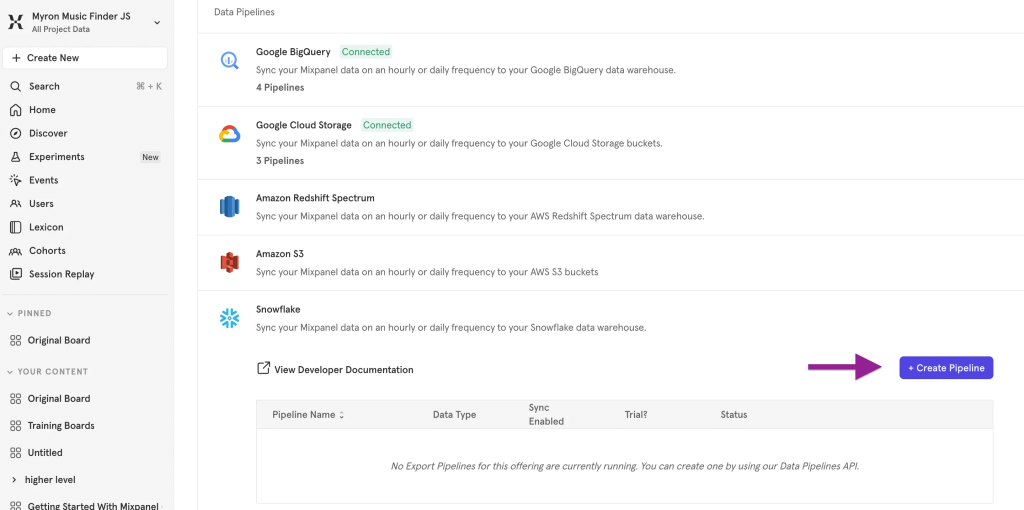 Selecting the provider of your destination and clicking to create the pipeline from the Mixpanel UI