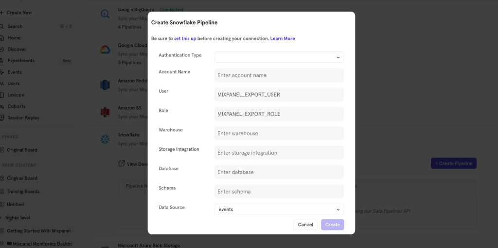 Providing the details of your destination to create the pipeline from the Mixpanel UI