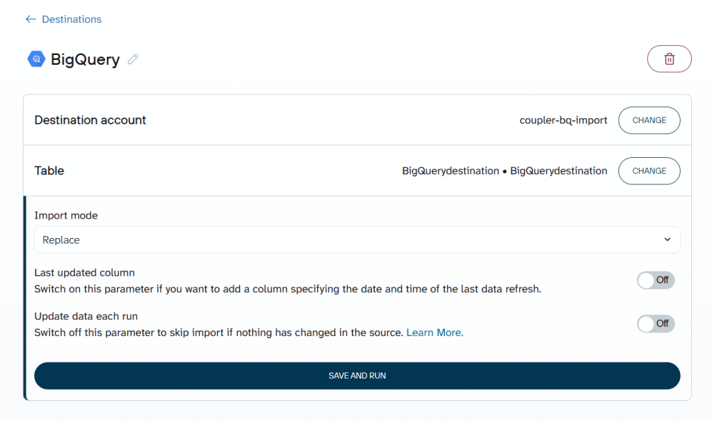 replace import mode coupler bigquery