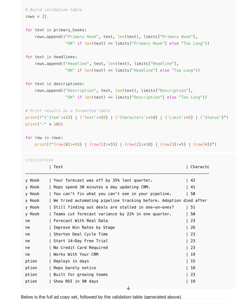 chatgpt analysis facebook ads headlines code wordcount