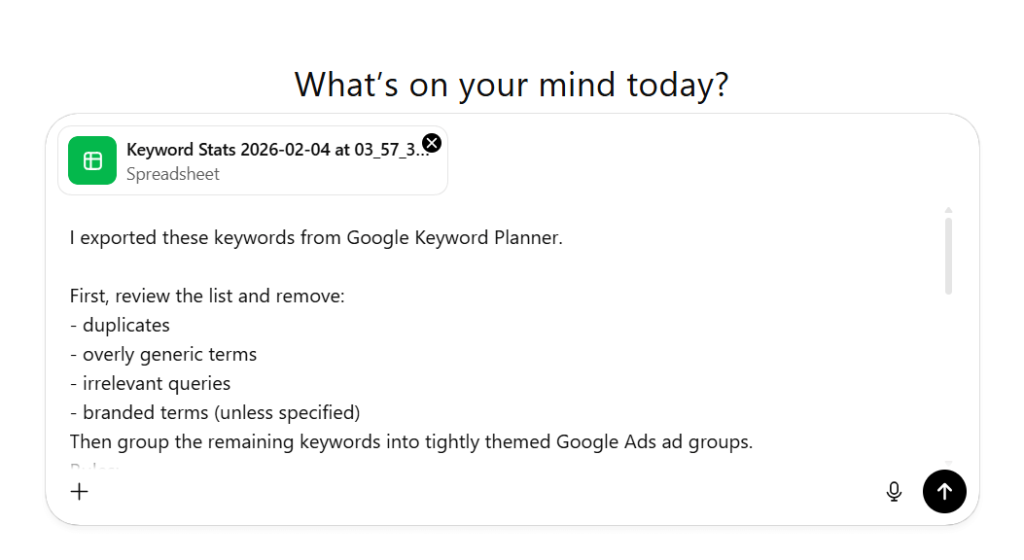 google ads keyword export pasted in chatgpt