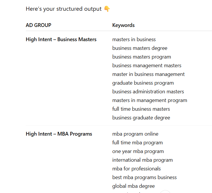 chatgpt google ads structured keywords