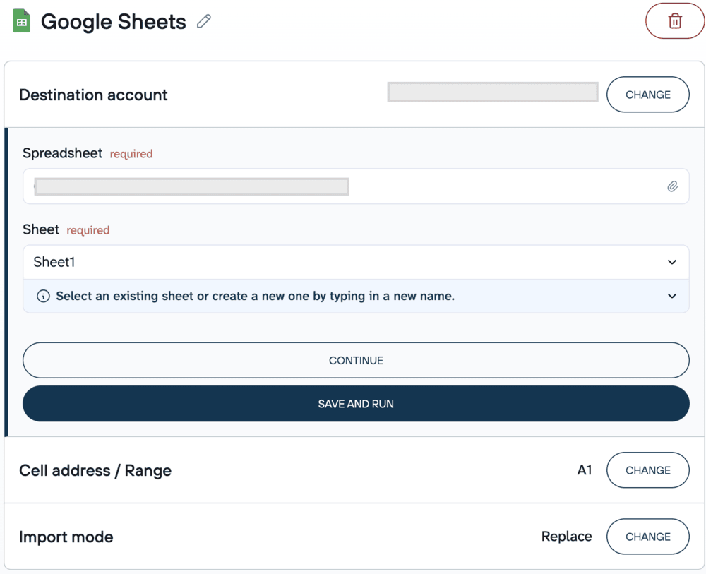 Google Sheets destination settings in Coupler.io