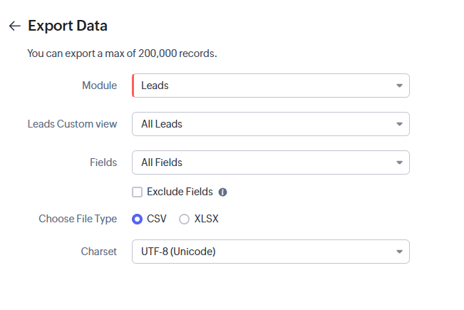 Zoho CRM Export settings