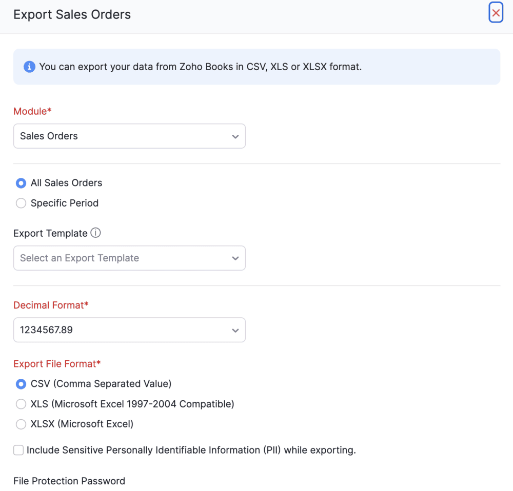 Export settings panel