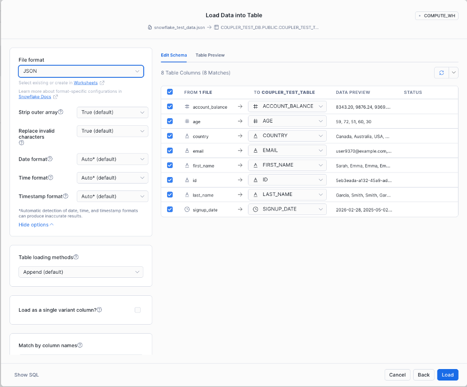 preview snowsight data before loading